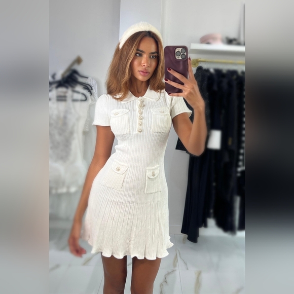 Knit Collar Short Sleeve Ribbed Sparkling Dress, Rhinestone Pearl Buttons - Picture 10 of 12